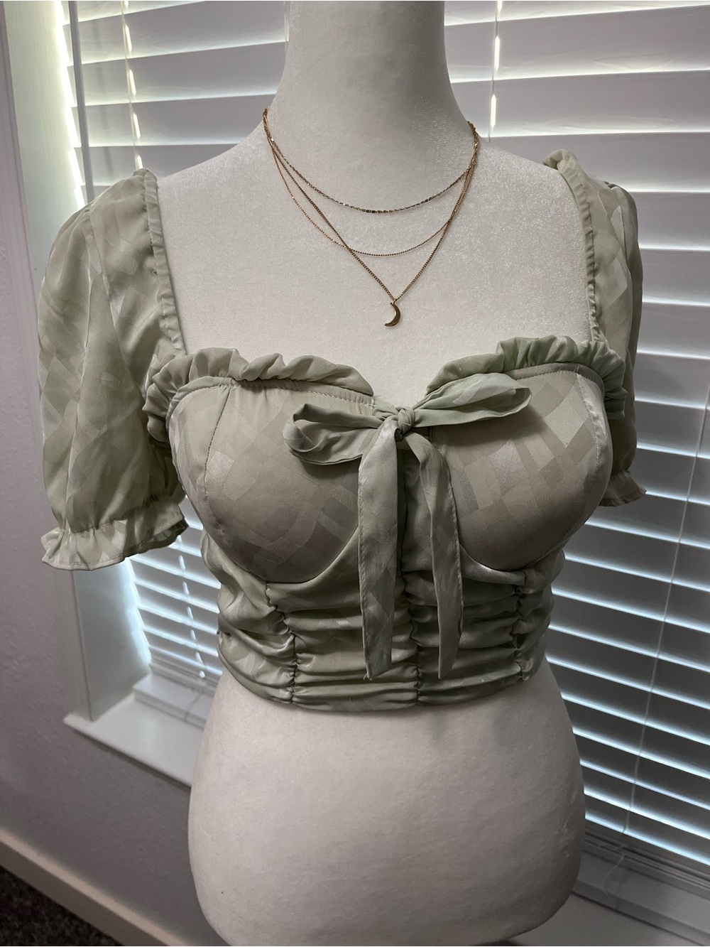 Haute Monde Sage Green Tie-Front Puff Sleeve Crop Top